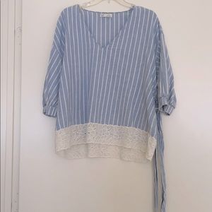Belted striped v neck shirt blouse